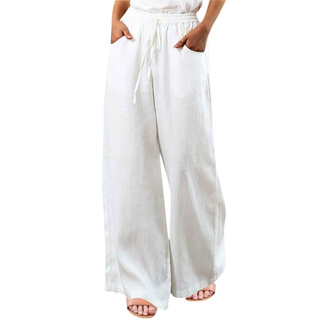 Pantalon Grand en Lin pour Femmes, Taille Élastique à Cordon, Palazzo Décontracté avec Poches