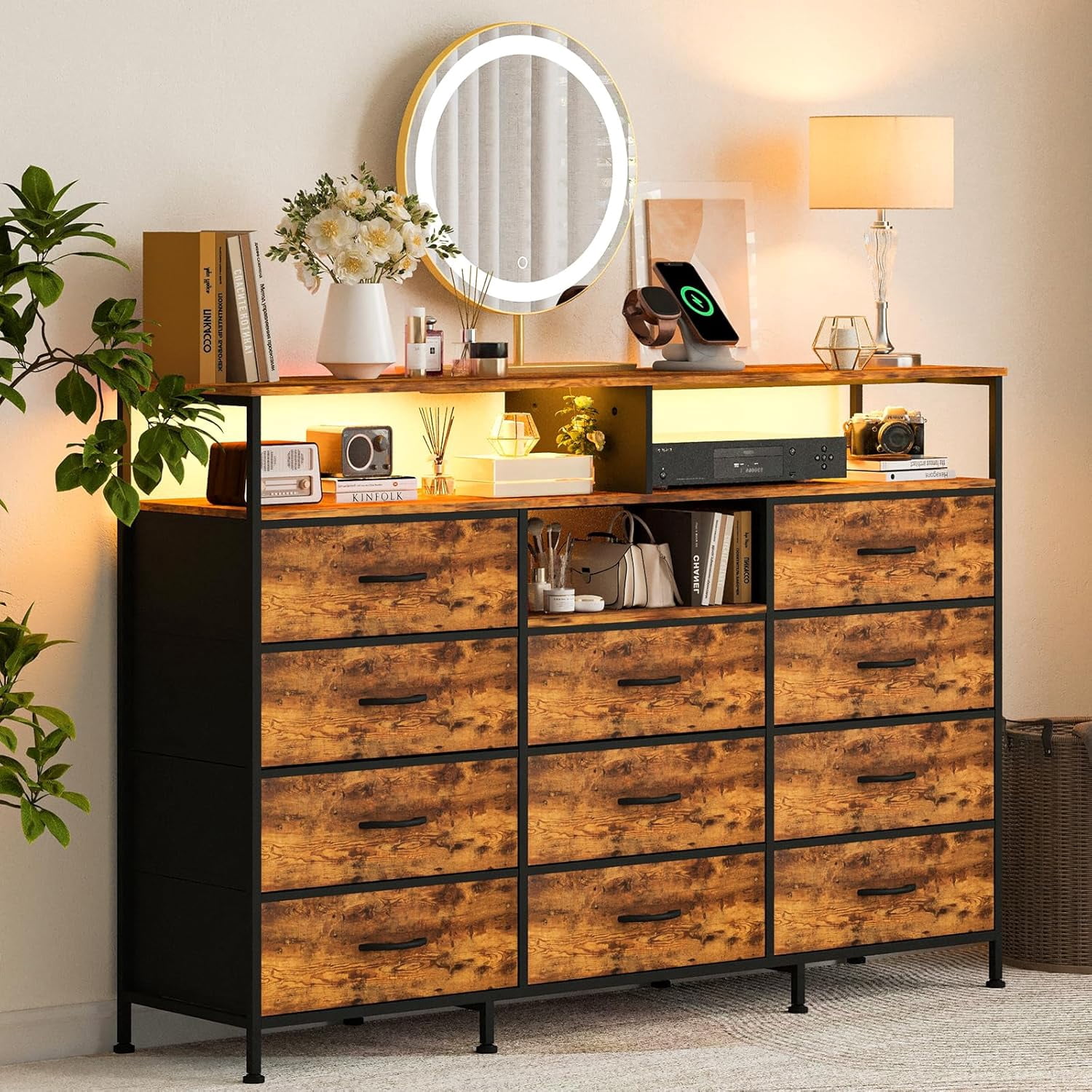 Dresser for Bedroom with 11 Drawers Featuring LED Light and Power Outlet, Fabric Dressers & Chest of Drawers with Open Shelves for Hallway, Living Room, Steel Frame,Wood Top