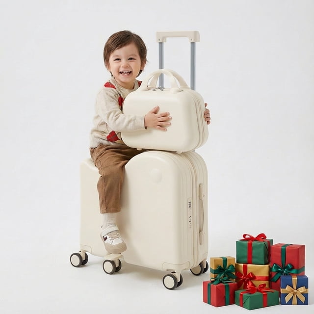 TABU Valise pour Enfants à Chevaucher avec Sac à Main, Valise Rigide avec 6 Roues Pivotantes, Porte-Gobelet Caché, Pédale Pliable, Vue Frontale Blanche d'Une Valise Rigide TABU Blanche à Chevaucher avec Sac à Main de Transport Assorti; Siège pour Enfant Moulé avec Pédale Pliable, Repose-Pieds Latéraux, six Roues Pivotantes à 360°, Poignée Télescopique en Alliage d'Aluminium, ports USB et Type-C Intégrés, Porte-Gobelet Caché et Intérieur Ouvert Indiquant les Compartiments Divisés et la zone de Séparation Sec/humide, Taille 16,93 Pouces L x