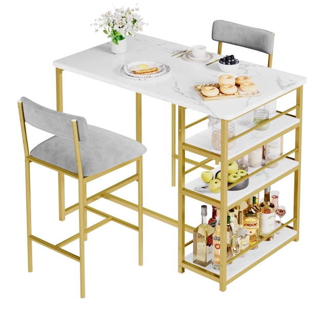 BeesClover Dining Table Set for 2 with 3 Storage Shelves, 3-Piece Counter Height Kitchen Table Set with 2 Upholstered Bar Stools, Bar Table and Chairs Set for Small Space