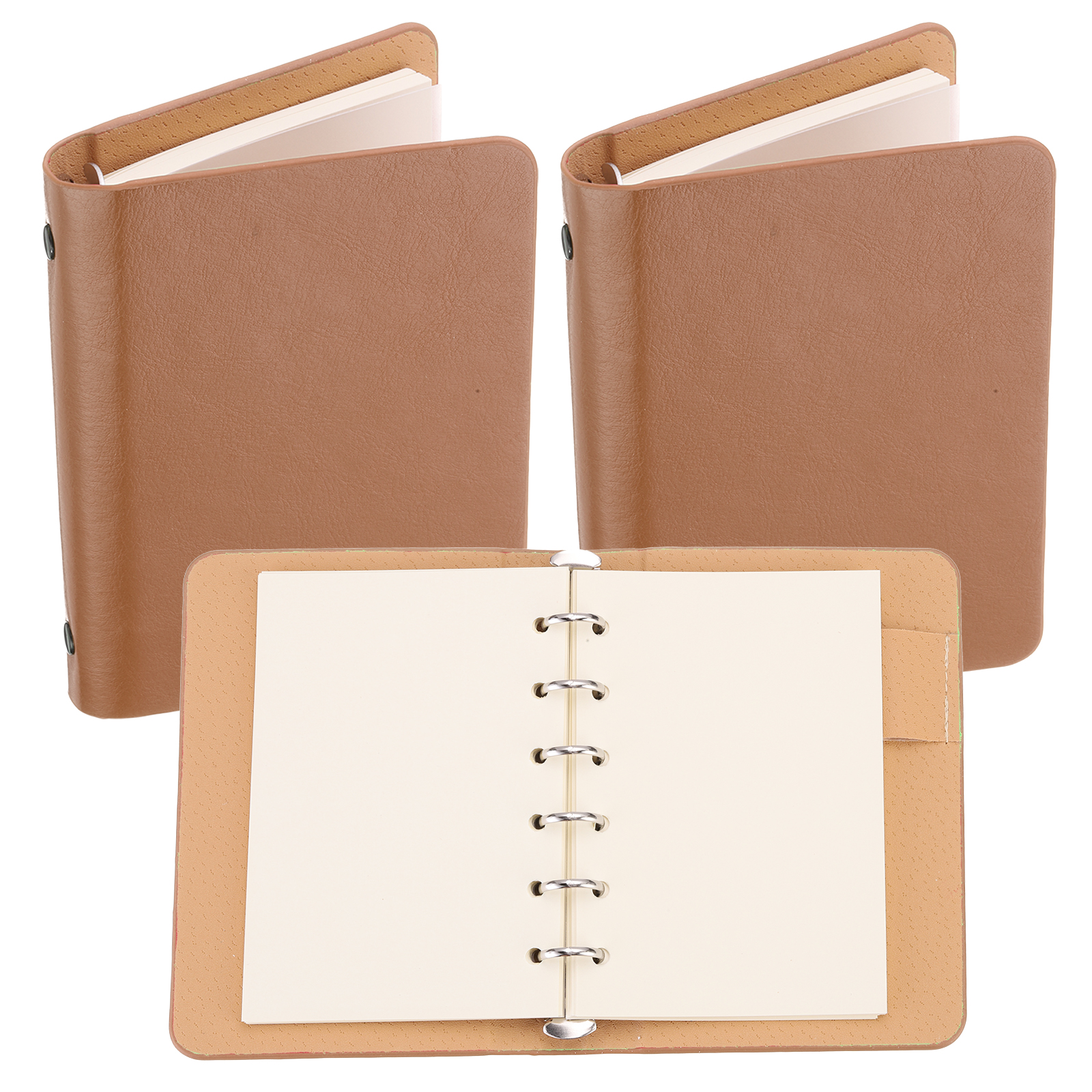 REGALWOVEN 6 Ring Binder Cover, 2 Pack A7 Leather Notebook Binder Loose Leaf Planner with 100 Sheets Paper, Brown