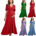 thumbnail image 1 of XiYing Robes d'Été pour Femmes, Robe de Maternité Unie à Manches Courtes à Volants pour Photographie de Soirée, Style Moulant à Col en V (P-2TG),, 1 of 8