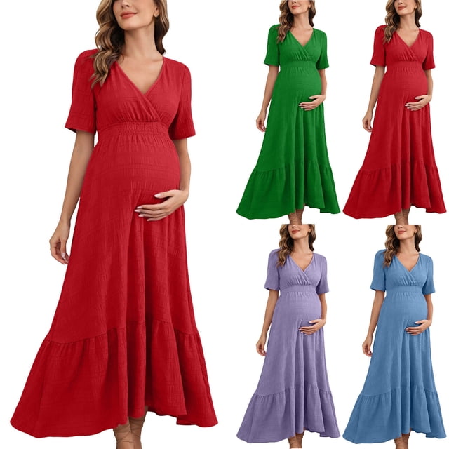 XiYing Robes d'Été pour Femmes, Robe de Maternité Unie à Manches Courtes à Volants pour Photographie de Soirée, Style Moulant à Col en V (P-2TG),
