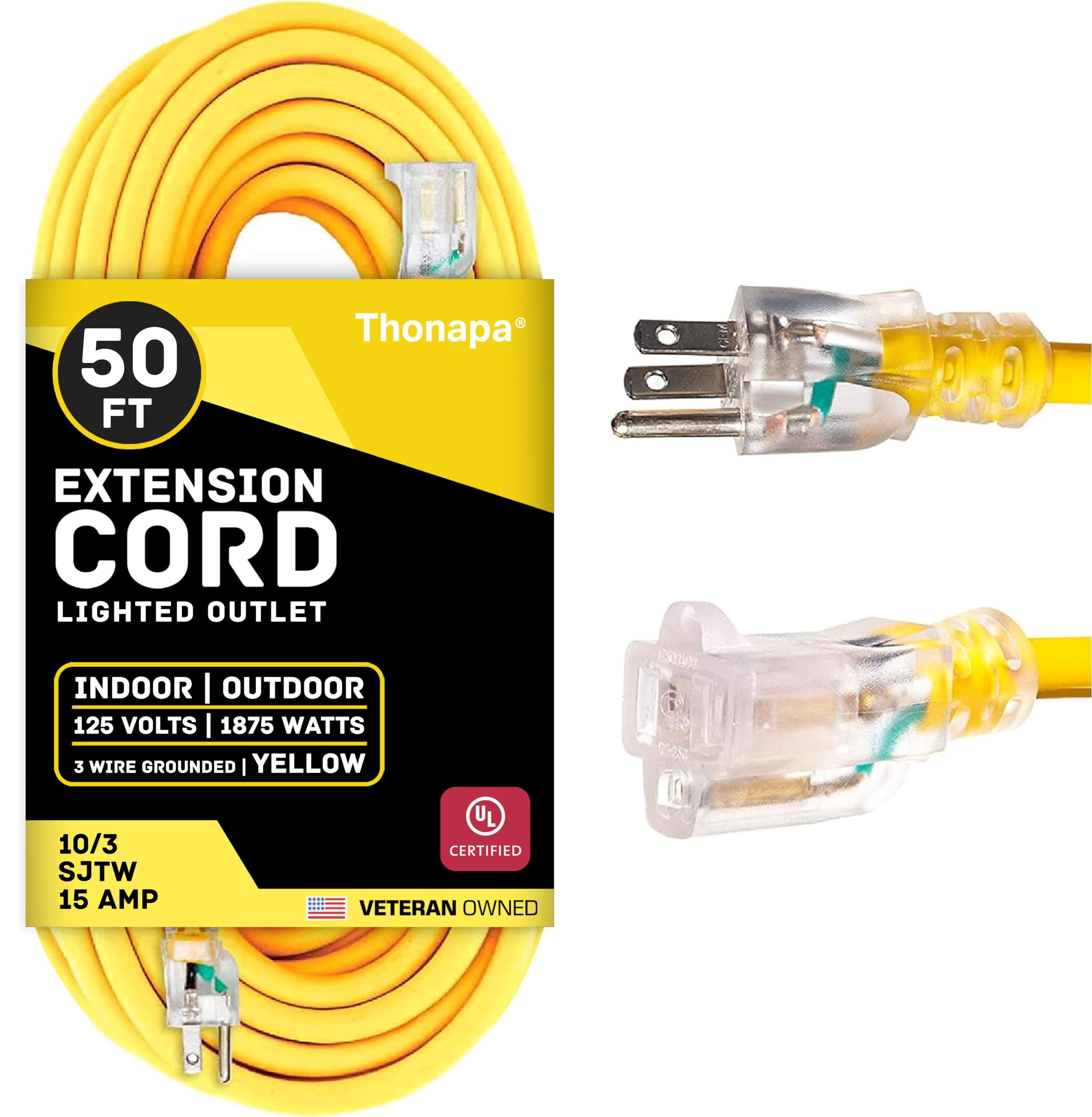 Thonapa 10 Gauge Extension Cord 50 ft, Weatherproof Heavy Duty Outdoor Extension Cord 10 AWG 50’, SJTW 3 Prong Lighted Plug 10/3 Yellow Cable 15 Amp, Great for Major Appliances & Garden Tools