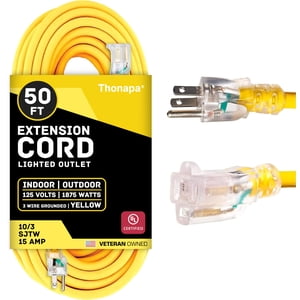 Thonapa 10 Cordon d'extension de jauge 50 ft, Cord d'extension extérieur résistant aux intempéries 10 AWG 50’, SJTW 3 Prise lumineuse 10/3 câble jaune 15 Amp, parfait pour les appareils majeurs & Outils de jardin