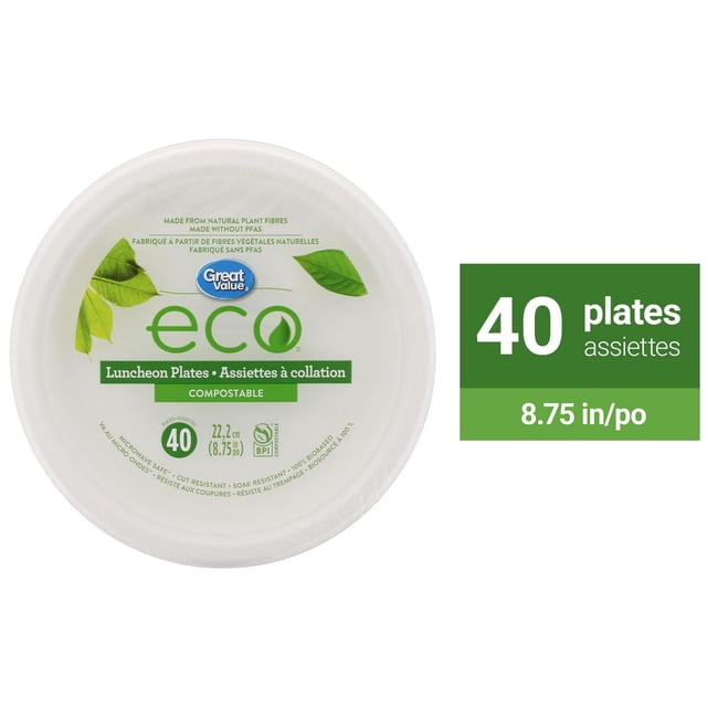 Great Value Eco Compostable Luncheon Plates, 40 Plates