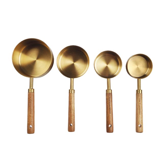 Stainless Steel Measuring Cups and Spoons Set Gold with Wooden Handle Metal Kitchen Measure Set for Kitchen Dry Liquid Food Baking Tools Cafe - Measuring Cup