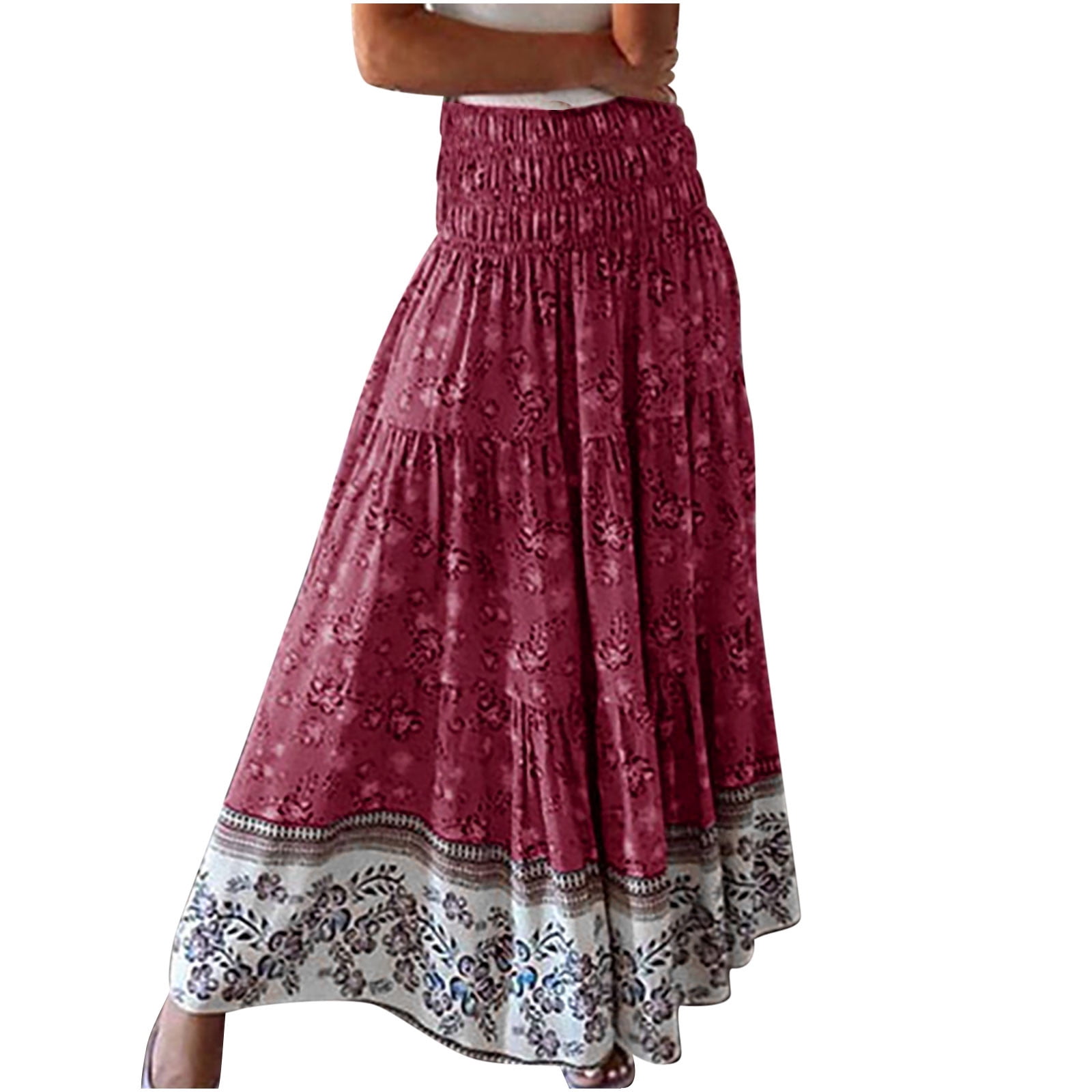 RKSTN Jupes pour Femmes Rétro Mode Confortable Quotidienne Jupe Taille Haute Imprimé Floral Jupe Trapèze Évasée Jupe Maxi