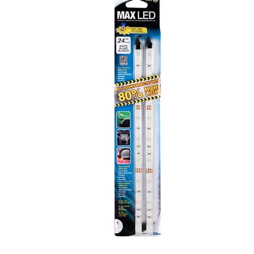 Alpena MAX 24" White LED Light strip with two flexible, water-resistant LED strips featuring 5053 LEDs and 3M adhesive backing, delivering 80% more light output for automotive interior lighting and customizable cut-to-size use.
