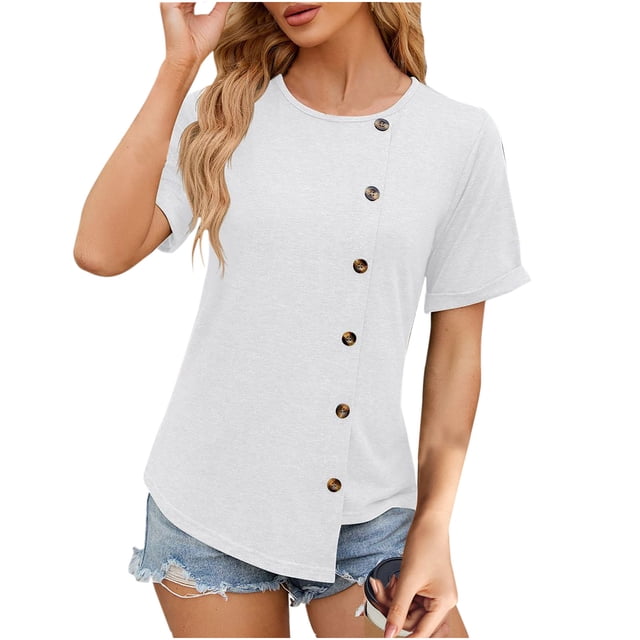 Penkiiy T-Shirts Doux pour Femmes, Mode Décontractée Col Rond Décoratif Bouton Couleur Unie Manches Courtes T-Shirt Haut S Blanc