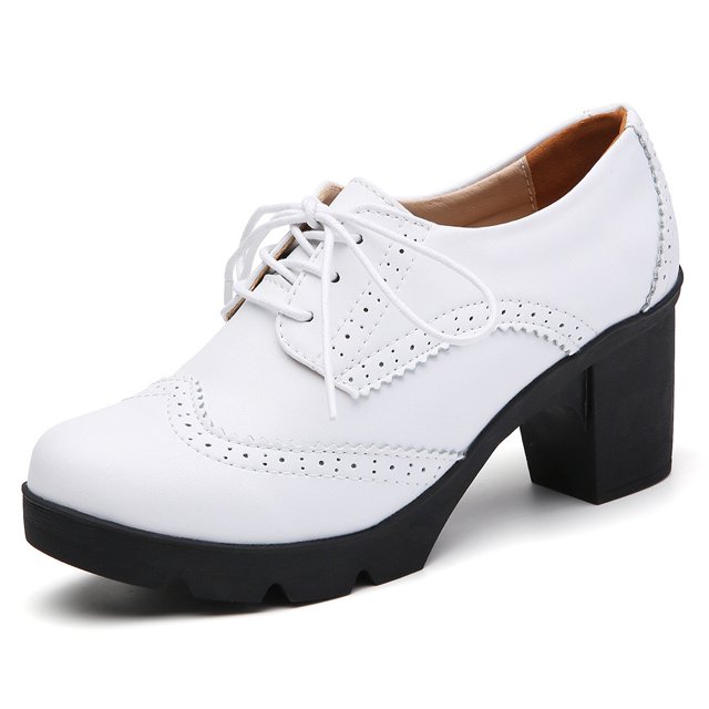LSLJS Oversized Cowhide Soled Leather Sports British Style Block Shoes High Heels Solid Color Hollowed Out Lace Cut Mary Women's Shoes, Women's Leather Shoes