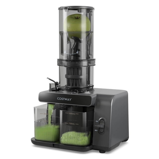 Costway Cold Press Juicer Machine Professional Slow Masticating Juicer with Reverse Button in gray, featuring a 5.3-inch oversized feed chute with a green apple inside, dual-layer filter, and one-touch control. Designed for efficient juice extraction with minimal waste, it includes an 800 ml juice cup and 1000 ml pulp cup, ideal for nutrient-rich juicing.