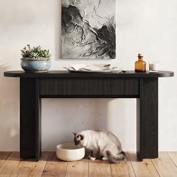 OMCMUU Contemporary 2-Drawer Fluted Storage Heavy Duty Particleboard and MDF Console Table, Black