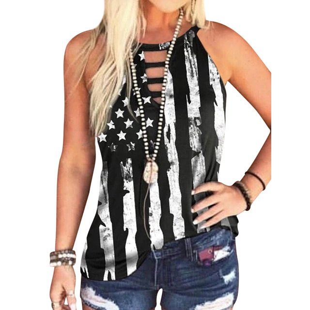 Femmes Étoiles Stripe Print Serrure Licou Débardeur Col