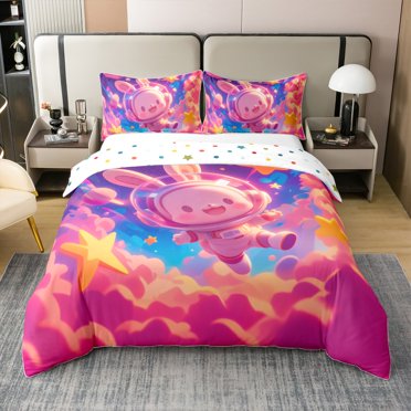 Erosebridal Housse de Couette pour Enfants en Coton 100 % Format Simple, Housse de Couette en Coton 100 % avec Animaux de Dessin Animé Simple, Décor Ciel de Rêve, Réversible 2 Pcs (Sans Couette)