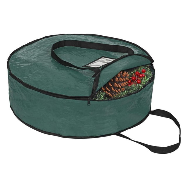 Large Christmas Wreath Storage Bag 24” - Garland Holiday Container with Tear Resistant Fabric - Featuring Heavy Duty Handles and Transparent Card Slot - (Red)