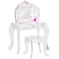 thumbnail image 1 of Qaba Kids Vanity Table and Stool, Makeup Vanity Girls Dressing Table Set with Tri-folding Mirrors Drawer Star and Heart Pattern, White, 1 of 10