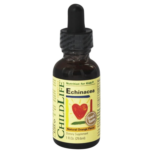 Child Life Essentials Echinacea Orange dietary supplement in a 1 fl. oz. bottle. The label features a heart illustration and highlights its natural orange flavor, great taste, and immune-supporting properties. Includes a dropper cap for easy dispensing.
