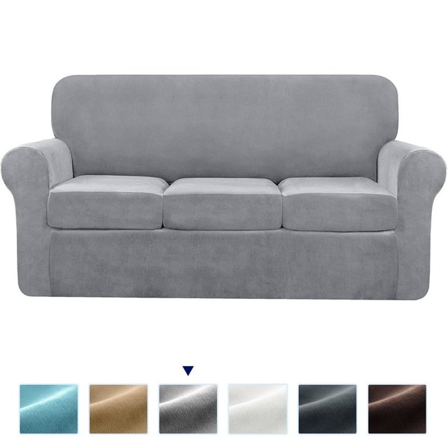 Housse de Canapé Extensible en Velours 4 Pcs 2024, Housse de Protection Séparée pour Coussins (Canapé Sable)