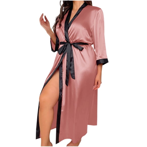 Lcziwo Plus Size Lingerie Robe for Women 3/4 Sleeve V Neck Housecoat Satin Silk Lace Up Bathrobe Pink,XXXXXL