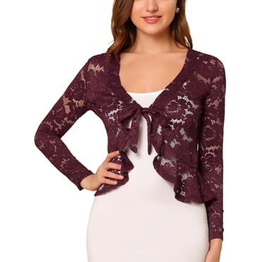 INSPIRE CHIC Women's Floral Lace Cardigans Tie Front Ruffled Hem Sheer Crop Bolero Shrug XL Burgundy