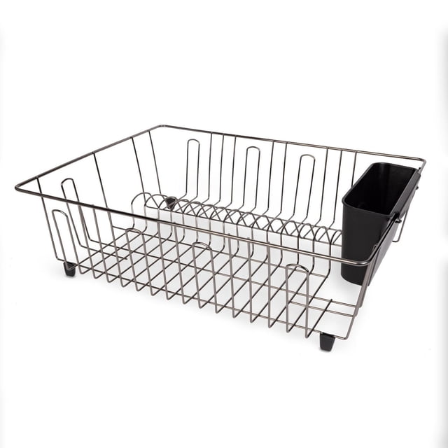 Mainstays Large Metal Dish Drainer Rack in chrome and black with a rectangular wire frame and plate slots, featuring a detachable black plastic cutlery cup with protective feet, suitable for kitchen organization and countertop drying.