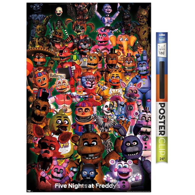 Five Nights at Freddy's - Affiche Murale de Groupe Ultime, 22,375 Po x 34 Po Présentant un collage avant de Personnages Animatroniques Colorés de la Série de Jeux avec des textures Détaillées de Mécanique et de Tissu sur un Fond Vert Foncé, Idéale pour la Déco de la Maison dans les Chambres, les Bureaux Ou les Dortoirs et Convenant aux Fêtes à Thème.