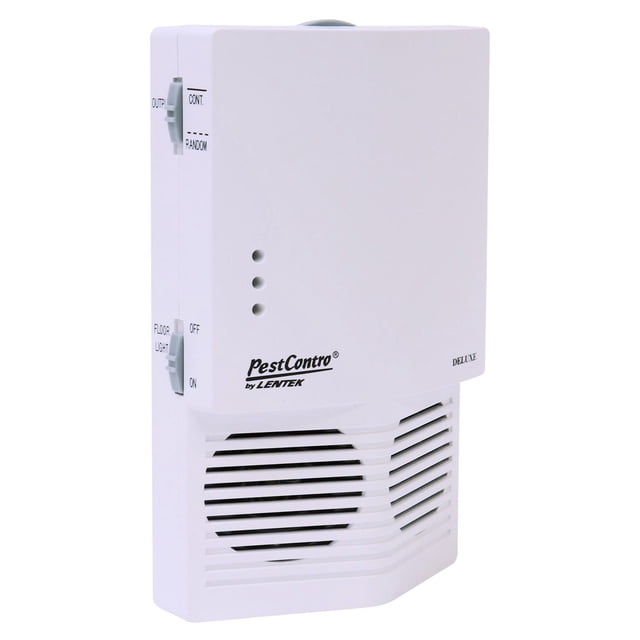 PestContro Deluxe Ultrasonic Rodent Repeller with Night Light, white rectangular device with dual speakers and side controls for frequency and floor light, eco-friendly indoor and outdoor rodent deterrent suitable for kitchens, garages, and storage spaces.