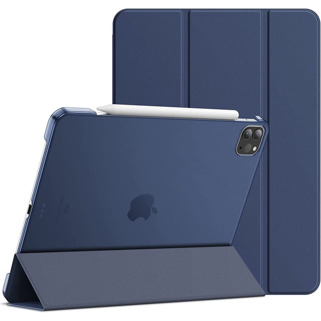 Case for iPad Pro 12.9 Inch, compatible with 6th, 5th, and 4th Generation models (2022/2021/2020). Features a blue rebound folio stand cover with magnetic attachment and full Pencil 2 support. The lightweight yet shockproof design includes precise cutouts for cameras, speakers, ports, and buttons. The two-way stand allows versatile viewing angles for typing, video calls, or watching videos.