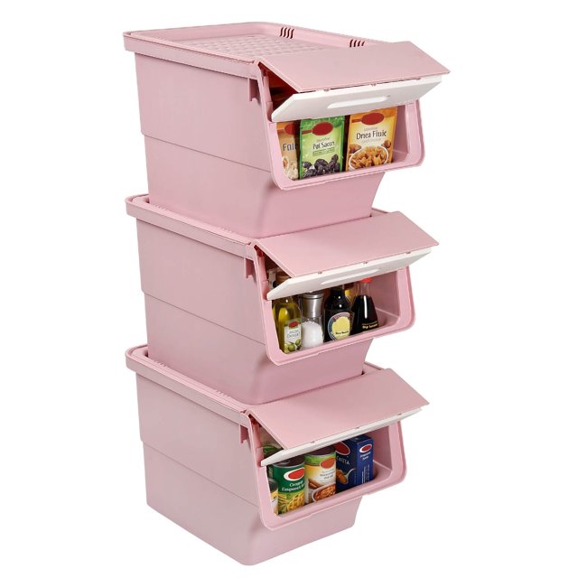 Costway 3 Pcs Bacs de Rangement sur Roulettes avec Couvercle Qui Reste Ouvert pour Cuisine Chambre Buanderie Garde-Robe Blanc + Rose
