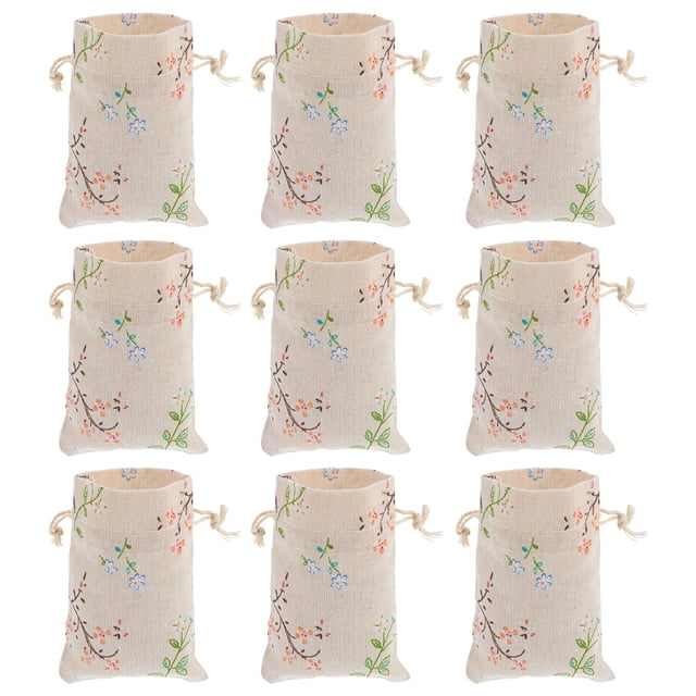 50pcs Drawstring Bags Pouches Burlap Sachet Bag with Printed Flower Branch