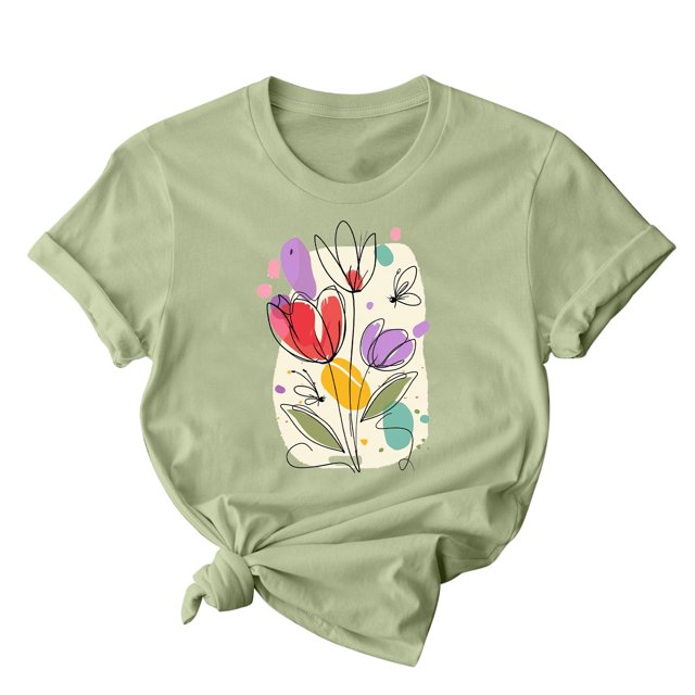 RKSTN Hauts d'Été pour Femmes 2024 Décontractés Coupe Ample Polyvalents T-Shirts Graphiques Mode à Imprimé Floral Respirants Manches Courtes Col Rond T-shirt Blouses, Cadeaux de la Fête des Mères