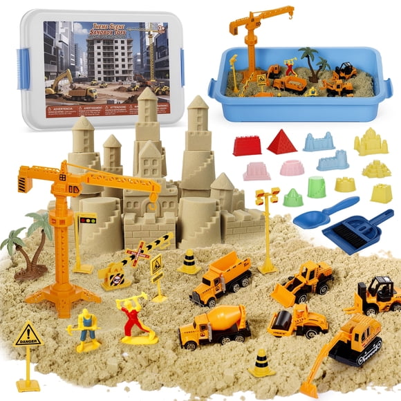 Ensemble de Sable Sensoriel de Construction avec 2,2 Lb de Sable Sensoriel et 6 Camions à Démonter, Ensemble de Panneaux Routiers Bac Sensoriel Moulable Bac à Sable pour Enfants 3+ Cadeaux d'Anniversaire et de Fêtes