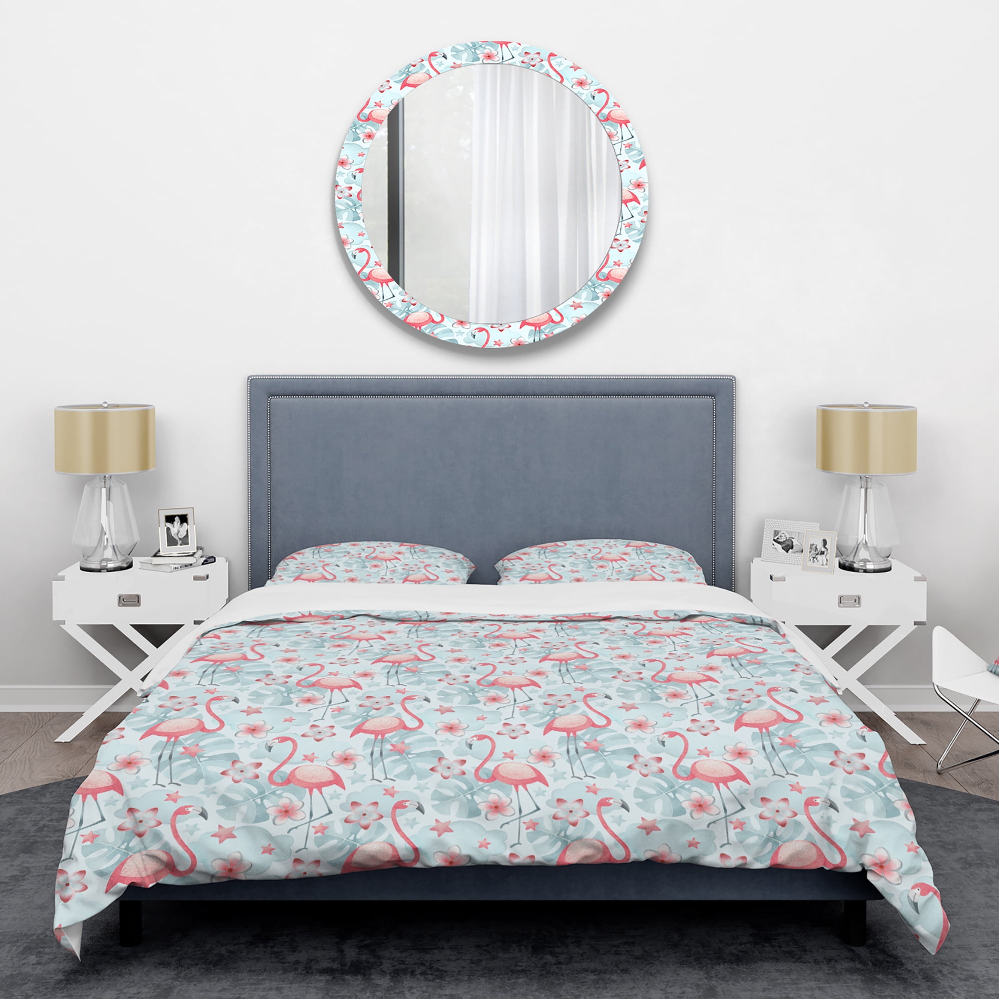 Designart 'Tropical Botanicals, Flowers And Flamingo III' Mid-Century Duvet Cover Set