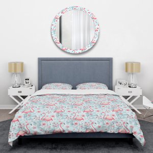 Designart 'Tropical Botanicals, Flowers And Flamingo III' Mid-Century Duvet Cover Set
