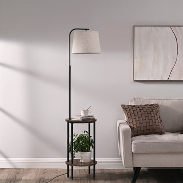 DEWENWILS Lampe sur Pied avec Table, Table d'Appoint Intégrée avec Lampes pour Salon, Lampes sur Pied de Style Ferme en Bois avec Abat-Jour Ajustable pour Chambre, Bureau, Brun