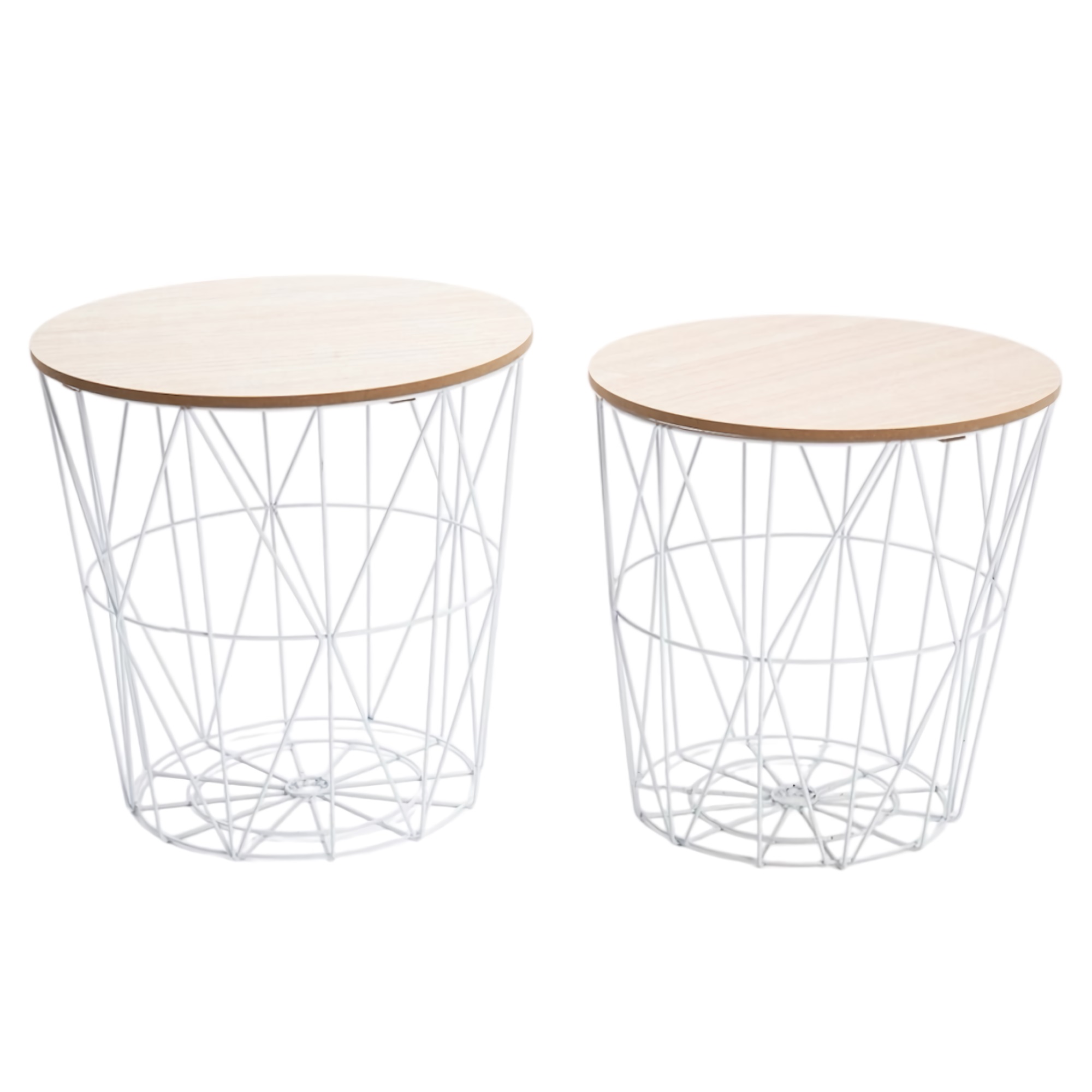 Set of 2 Round Nesting End Tables with Metal Storage Baskets – White Side Tables for Home & Living Room