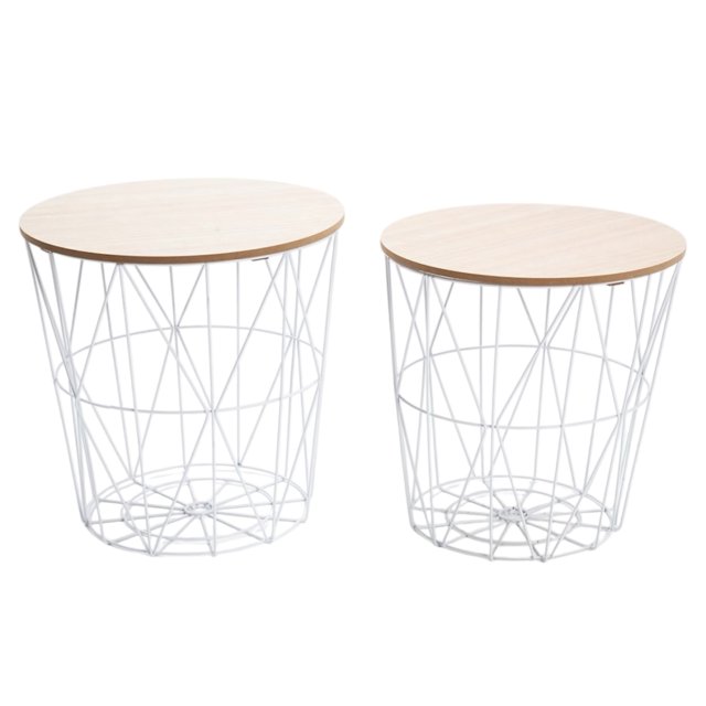 Ensemble de 2 Tables d'Appoint Rondes Gigognes avec Paniers de Rangement en Métal – Tables d'Appoint Blanches pour la Maison et le Salon