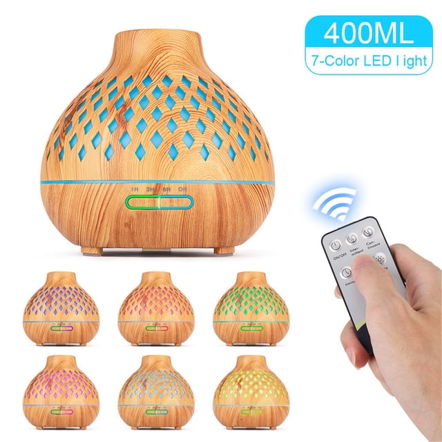 EGNMCR humidifier for bedroom with a 400ml tank capacity, diamond-shaped design, and cool mist functionality. Features include auto shut-off, 3 timer settings, and 7-color LED light options. The diffuser is shown with a natural wood grain finish and remote control for easy operation.
