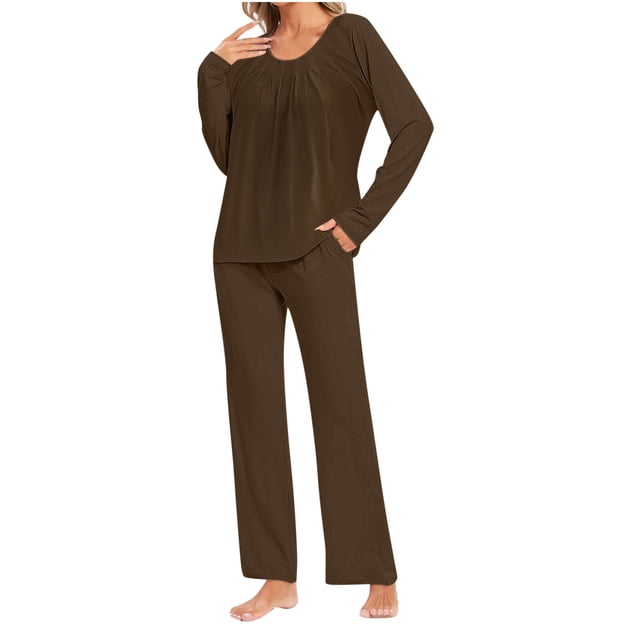 Timegard Ensembles de Pyjamas pour Femmes Confortables, Haut à Manches Longues Froncé à Col Rond et Pantalon, Tenues de Pyjama Amples pour l'Automne