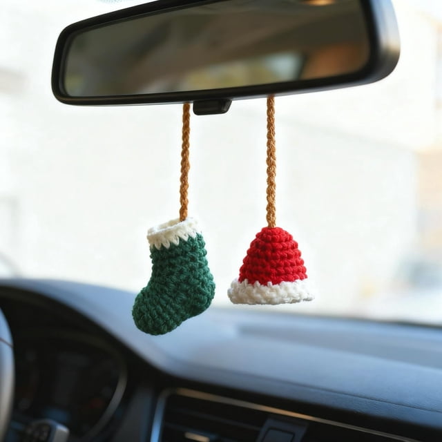 Décorations de Voiture de Noël Embrasses de Rideaux pour Draperies Faits à la Main Crochet Embrasses de Rideaux, Chapeau de Noël et Bas Accessoires d'Ornement Suspendu pour Rétroviseur Décoration de Voiture Mignonne