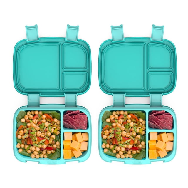 Bentgo Fresh 2 Pack Aqua with two aqua bento lunch boxes featuring removable trays with three leak-proof compartments each, filled with chickpea salad, sliced cured meat, and cubed cheddar cheese, suitable for compact food storage and microwave reheating.