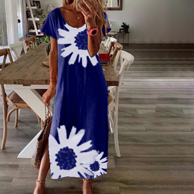 SMihono Robe d'Été Bohème pour Femmes Grande Taille Mode Confortable Décontractée Col Rond Manches Courtes Imprimée Fendue