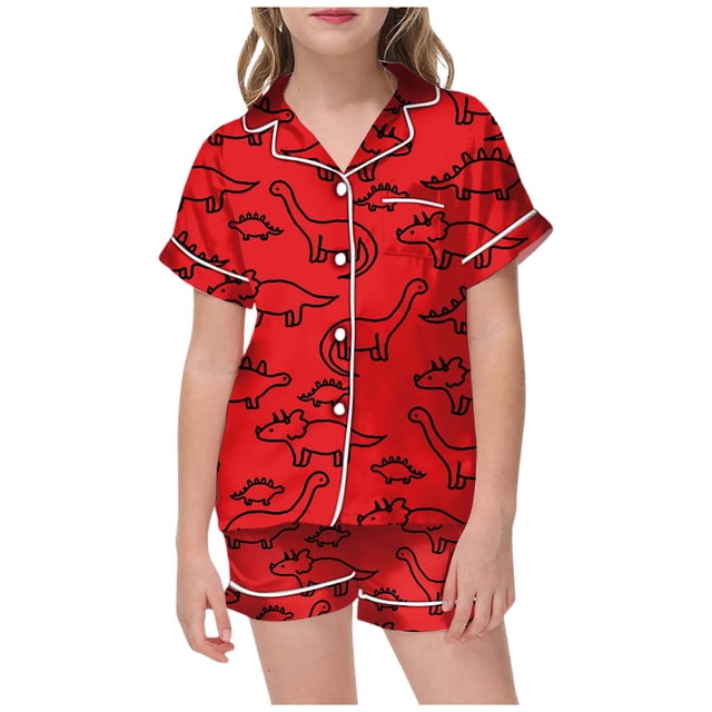 Hiiyo Little Girls Pajama Set Dinosaur Print Button-Down Sleepwear Set,2-Piece,Sizes 2-13T