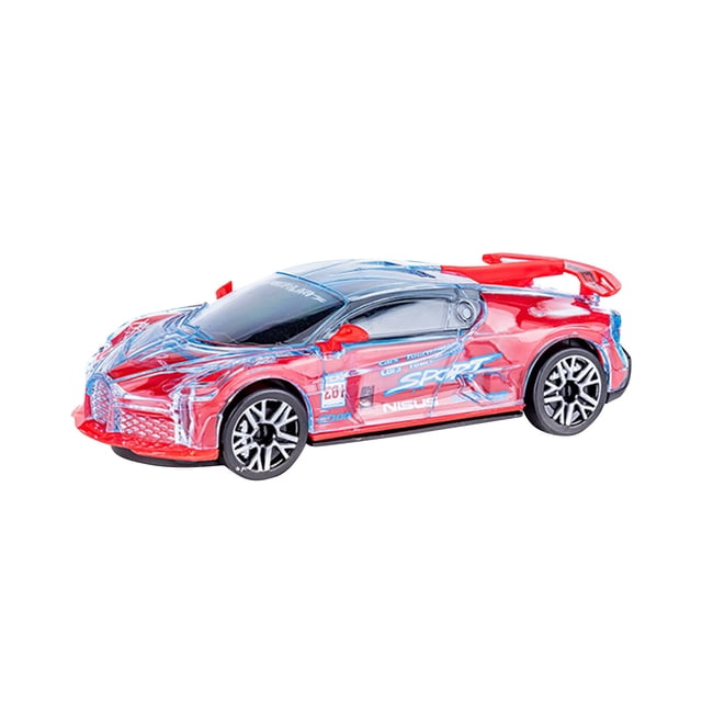 RKSTN Remote Control Car Children's Electric Toy Car featuring a sleek red and blue sports car design with detailed decals and aerodynamic styling. This toy car includes cool LED lighting and plays music while driving. It is made from durable ABS materials with shockproof construction and smooth, flexible wheels for reduced friction. The car measures 15.7 x 5.7 x 7.7 cm and comes with 3 AG13 button batteries. Suitable for kids aged 3 to 8, it offers easy remote control operation with forward, reverse, left, and right turns, reaching a max speed of 10 km/h. Ideal for indoor play and as a gift for birthdays or holidays.