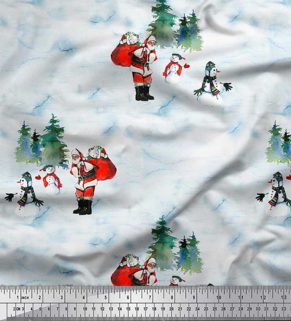 Soimoi Silk Fabric Snowman,Santa & Tree Christmas Fabric Prints By Yard 42 Inch Wide