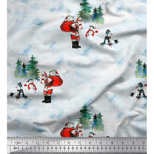 Soimoi Rayon Fabric Snowman,Santa & Tree Christmas Print Fabric by the Yard 42 Inch Wide