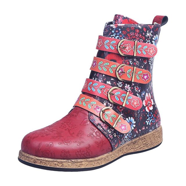 XZNGL Vintage Red Boots Large Printed European And American Style Leather Boots