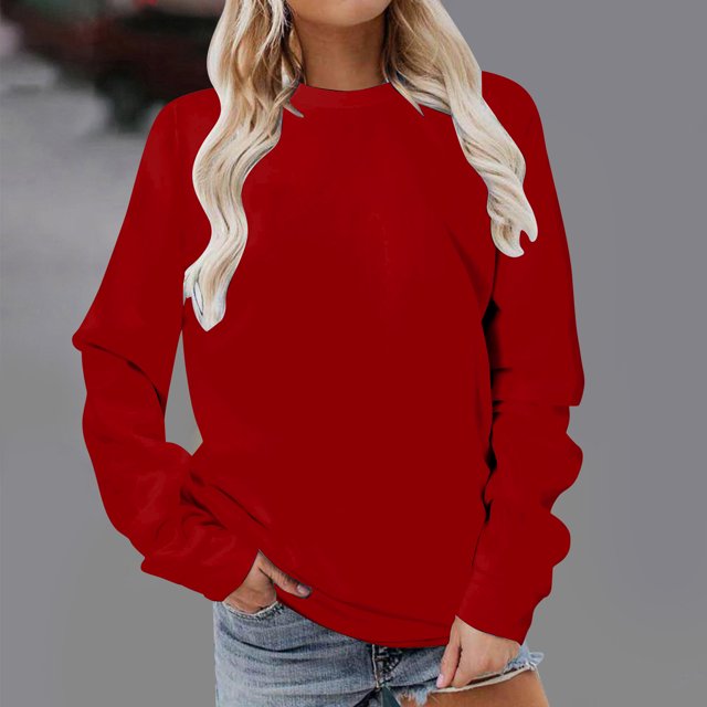 Jsaierl Summer Tops for Women Classic Long Sleeve Round Neck Sweatshirts Causal Loose Fit Pullover Solid Color Sport Blouses