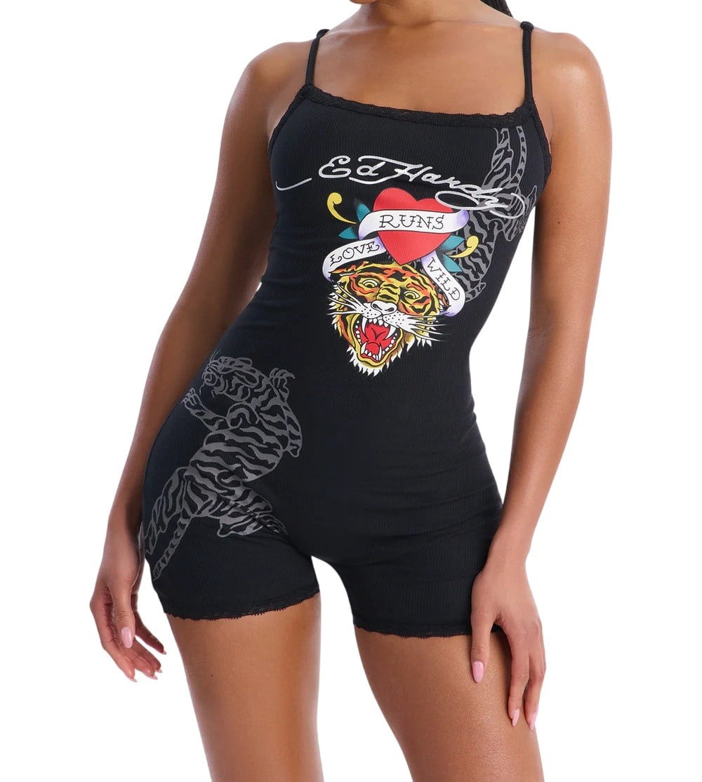 Ed Hardy Tiger Head Lace Sleep Romper - EHW9001-7FN (Black, XS